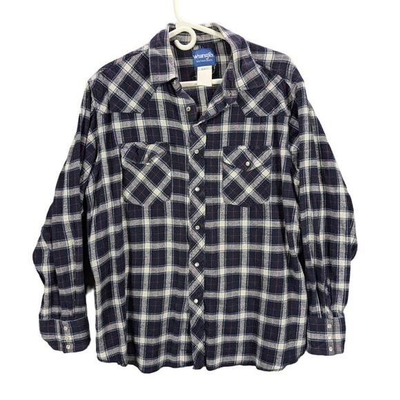 Wrangler Pearl Snap Shirt Mens Extra Large Flannel Blue Plaid Long Sleeve Rodeo - Picture 1 of 5